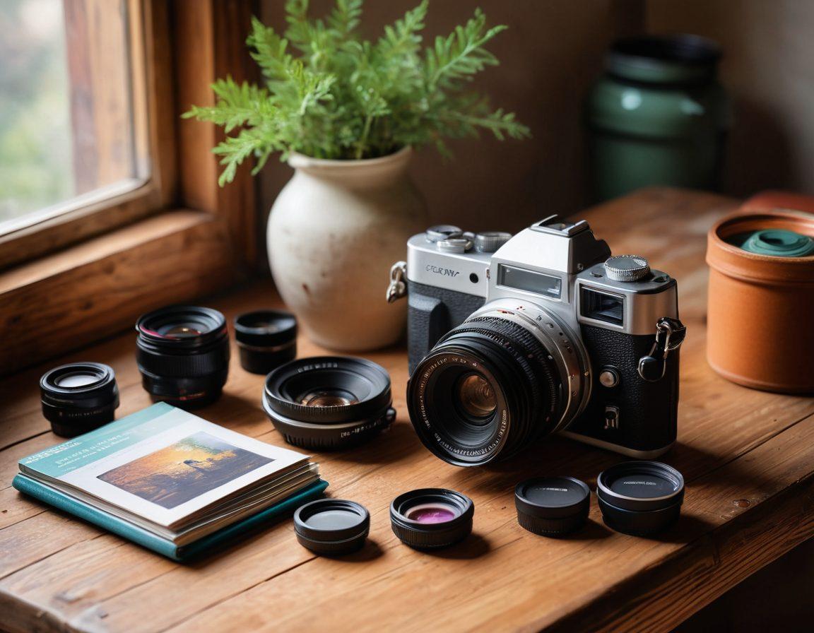 A captivating flat lay of a camera, a visually rich photography guidebook, and an assortment of colorful photography accessories like filters and lenses, all set on a rustic wooden table. Soft natural light filtering through a nearby window creates shadows that enhance the depth of the scene. A blurred background of a picturesque landscape photograph on the wall hints at the advanced skills one can achieve. vibrant colors. super-realistic.