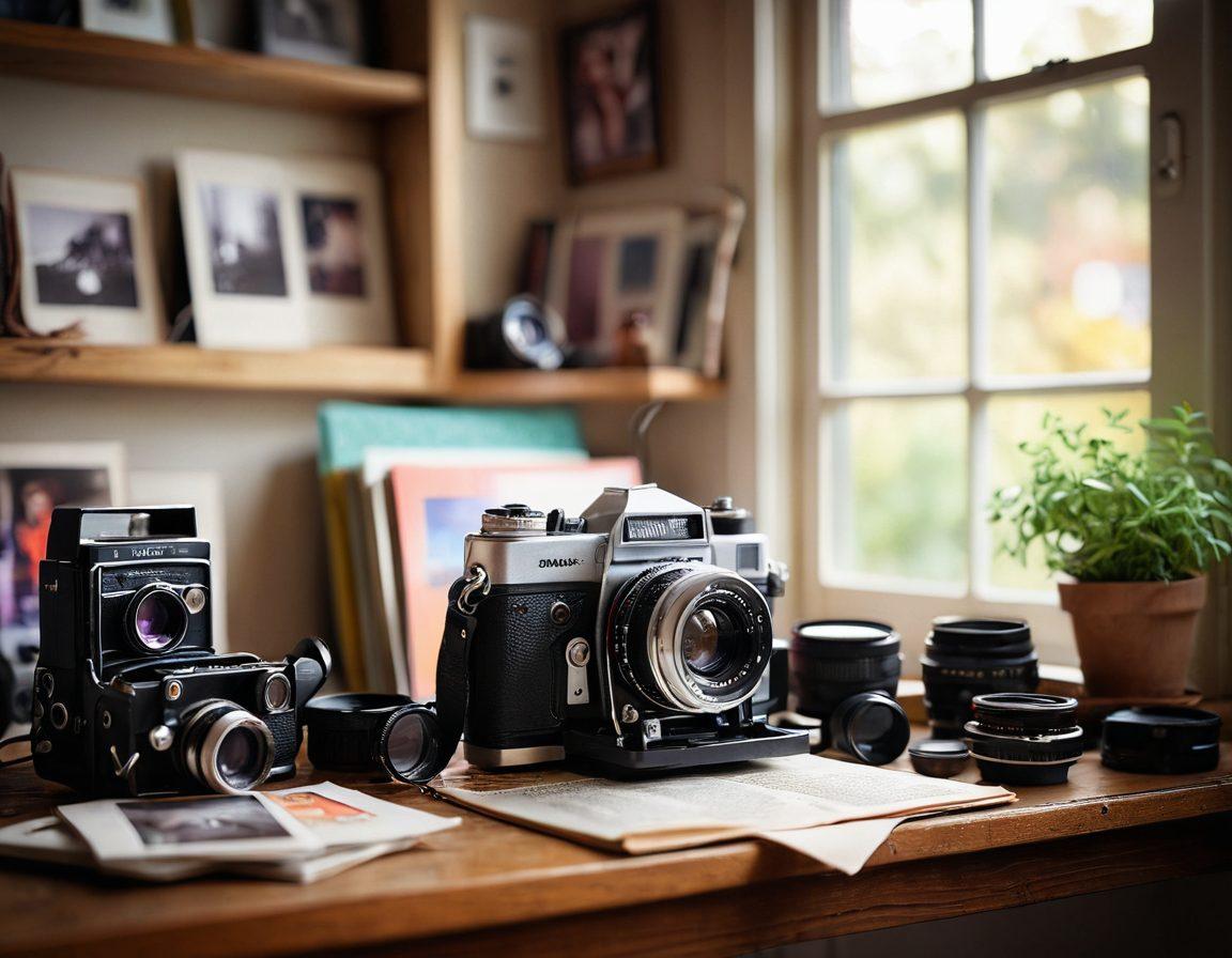 A beautifully arranged photography workspace featuring a vintage camera, various lenses, and colorful photographic prints scattered around. Soft natural light streaming in from a window illuminates the scene, enhancing the textures of the camera gear. An open photography book lies in the foreground, inviting readers to explore tips and techniques. The background includes a subtle bokeh effect with vibrant colors to evoke creativity. super-realistic. vibrant colors. soft lighting.