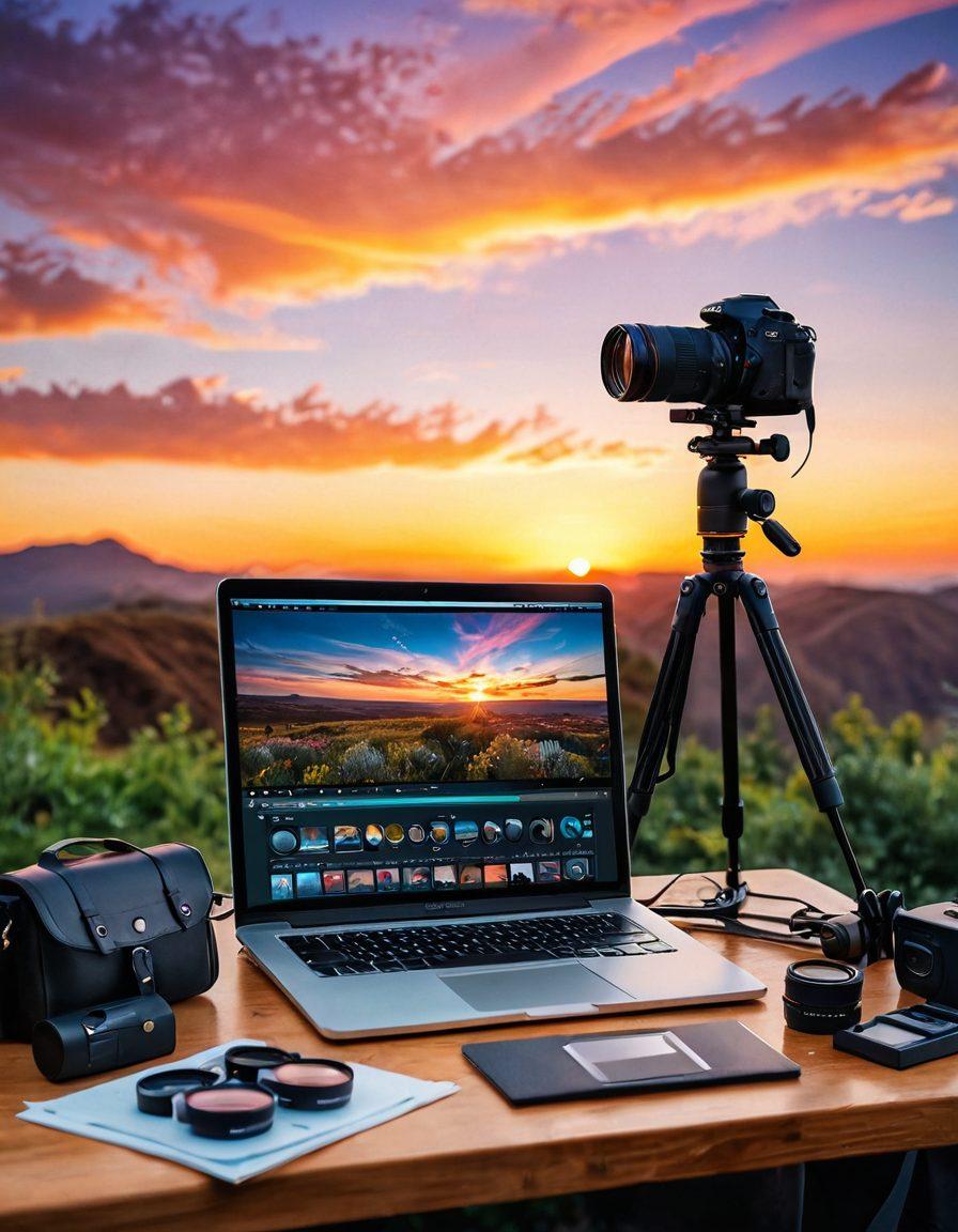 A beautifully arranged photographer's workspace featuring a high-end camera, an assortment of colorful lenses, and various accessories like tripods and filters. In the background, a vibrant sunset scene is being captured, showcasing the perfect blend of nature and technology. The composition reflects creativity and artistry, inviting viewers to explore photographic techniques. super-realistic. vibrant colors. soft-focus background.